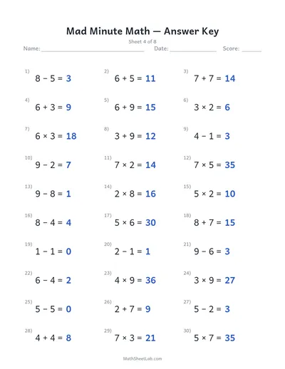 Mad minute math — Sheet 4 answers