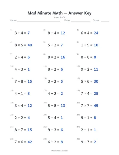 Mad minute math — Sheet 5 answers