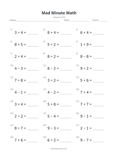 Mad minute math — Sheet 5