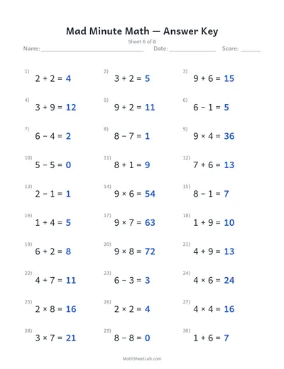 Mad minute math — Sheet 6 answers
