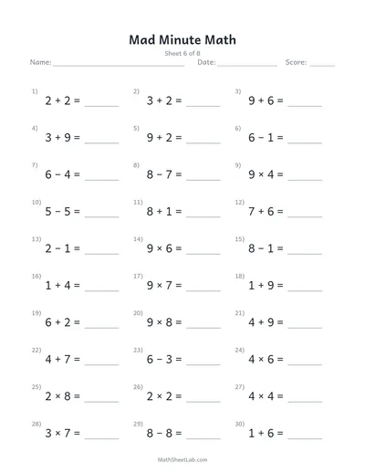 Mad minute math — Sheet 6