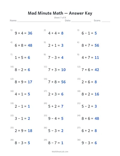 Mad minute math — Sheet 7 answers