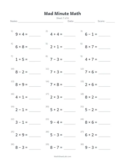 Mad minute math — Sheet 7