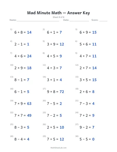 Mad minute math — Sheet 8 answers