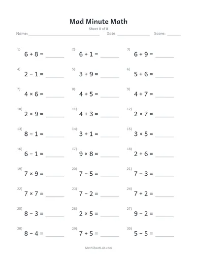 Mad minute math — Sheet 8