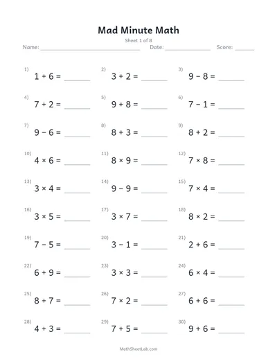 Mad minute math — Sheet 1