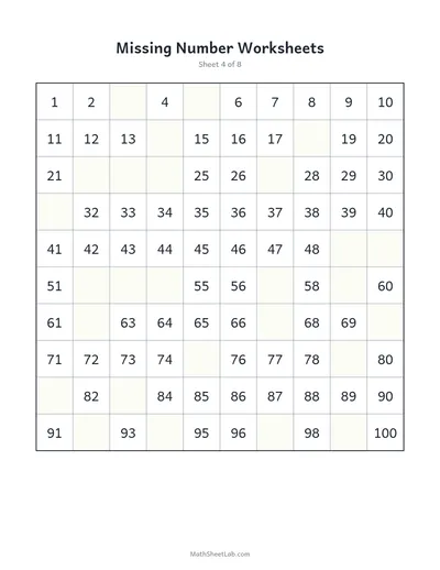 Missing number worksheets (1–100) — Sheet 4