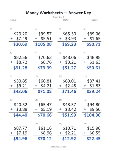 Money worksheets (adding dollars & cents) — Sheet 1 answers