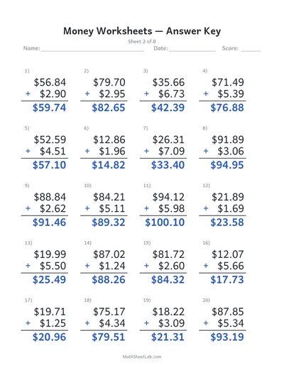 Money worksheets (adding dollars & cents) — Sheet 2 answers