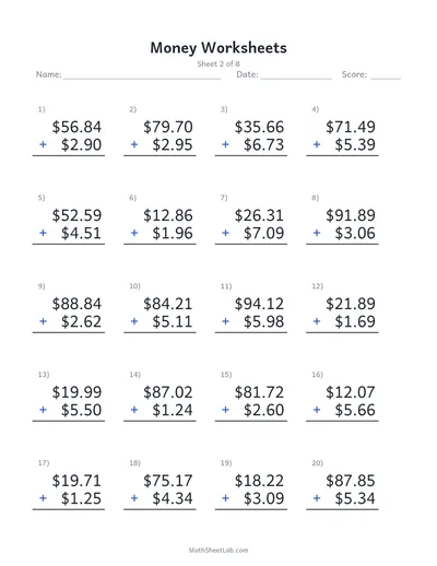 Money worksheets (adding dollars & cents) — Sheet 2