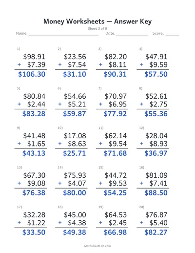 Money worksheets (adding dollars & cents) — Sheet 3 answers