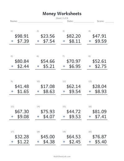 Money worksheets (adding dollars & cents) — Sheet 3