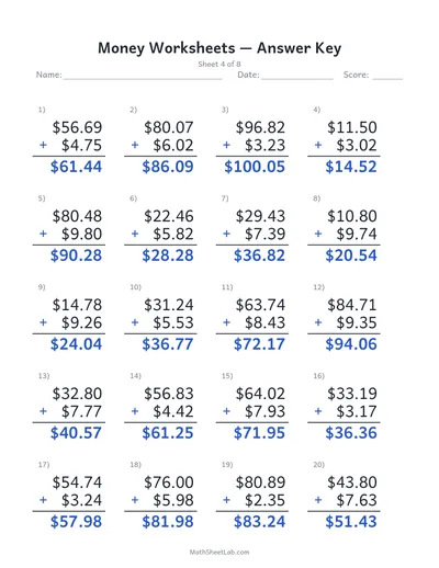 Money worksheets (adding dollars & cents) — Sheet 4 answers
