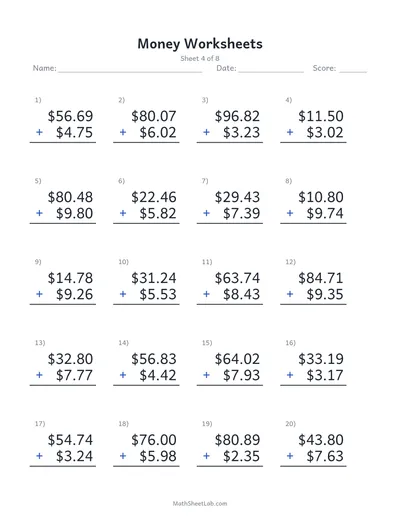 Money worksheets (adding dollars & cents) — Sheet 4