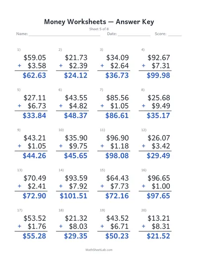 Money worksheets (adding dollars & cents) — Sheet 5 answers