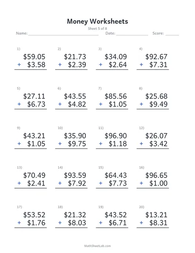 Money worksheets (adding dollars & cents) — Sheet 5