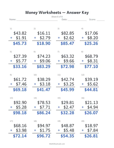 Money worksheets (adding dollars & cents) — Sheet 6 answers