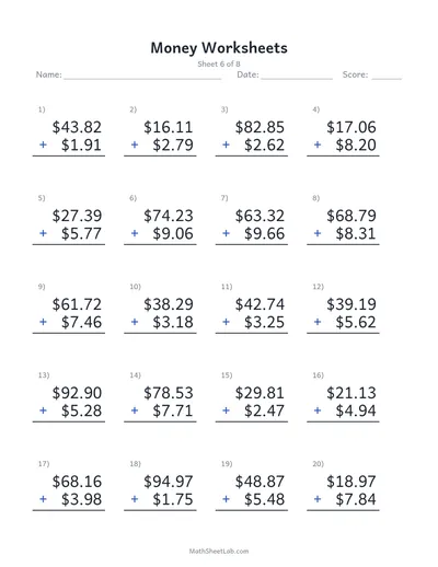Money worksheets (adding dollars & cents) — Sheet 6