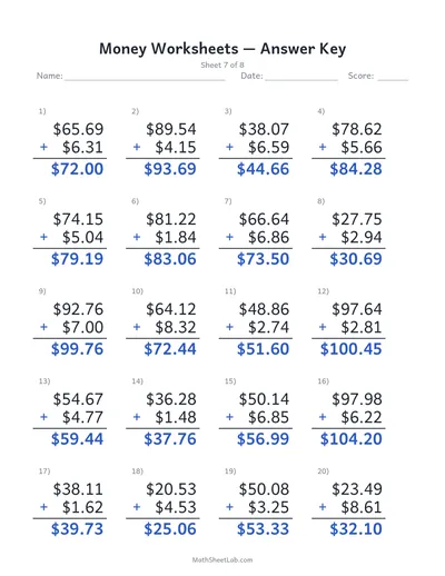 Money worksheets (adding dollars & cents) — Sheet 7 answers