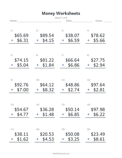 Money worksheets (adding dollars & cents) — Sheet 7