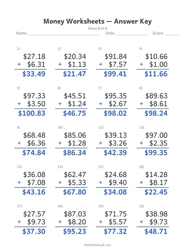 Money worksheets (adding dollars & cents) — Sheet 8 answers