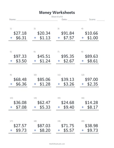 Money worksheets (adding dollars & cents) — Sheet 8