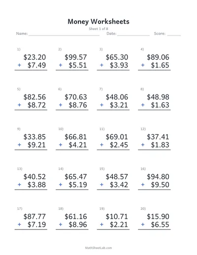 Money worksheets (adding dollars & cents) — Sheet 1