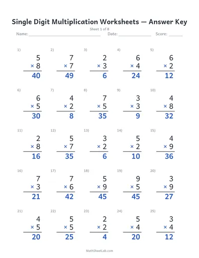 Single digit multiplication worksheets — Sheet 1 answers