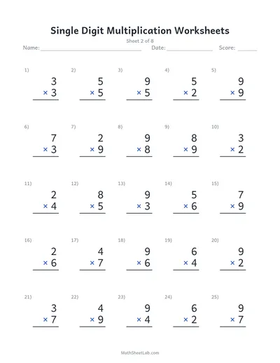 Single digit multiplication worksheets — Sheet 2