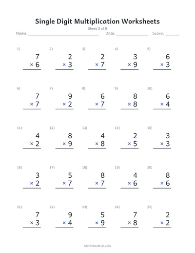 Single digit multiplication worksheets — Sheet 3