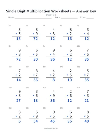 Single digit multiplication worksheets — Sheet 4 answers
