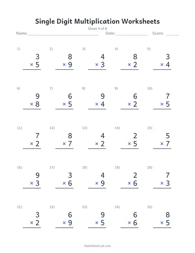 Single digit multiplication worksheets — Sheet 4