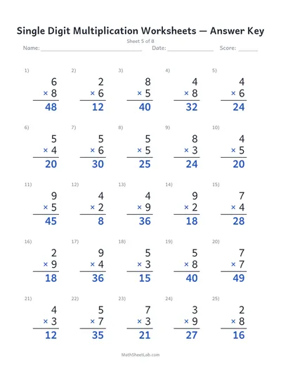 Single digit multiplication worksheets — Sheet 5 answers