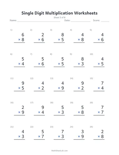 Single digit multiplication worksheets — Sheet 5