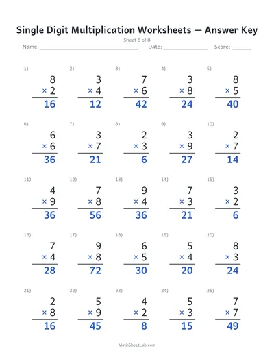 Single digit multiplication worksheets — Sheet 6 answers