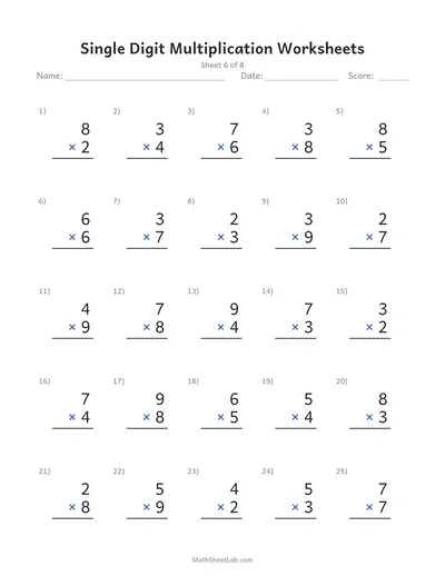 Single digit multiplication worksheets — Sheet 6