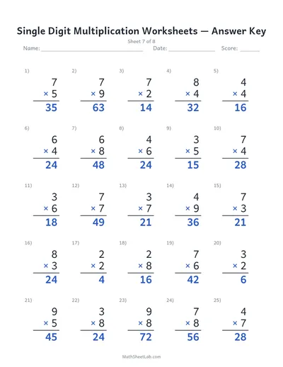 Single digit multiplication worksheets — Sheet 7 answers