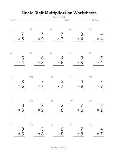 Single digit multiplication worksheets — Sheet 7