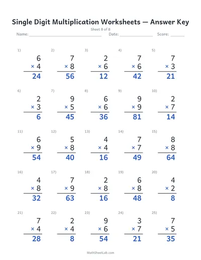 Single digit multiplication worksheets — Sheet 8 answers
