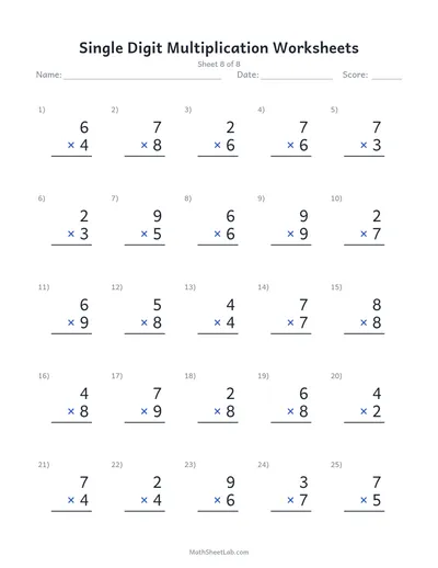Single digit multiplication worksheets — Sheet 8