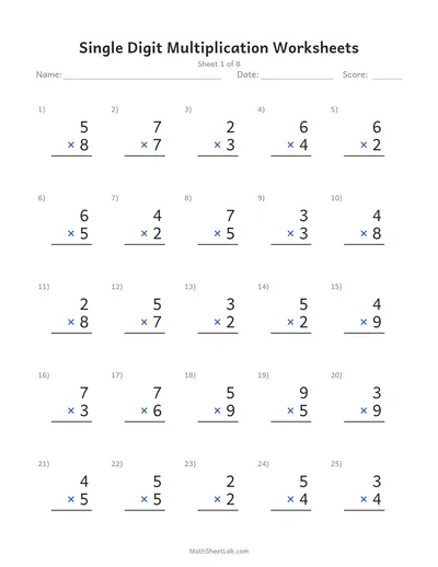 Single digit multiplication worksheets — Sheet 1