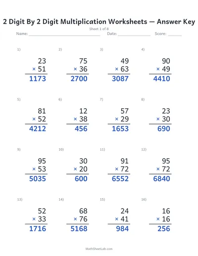 2 digit by 2 digit multiplication worksheets — Sheet 1 answers