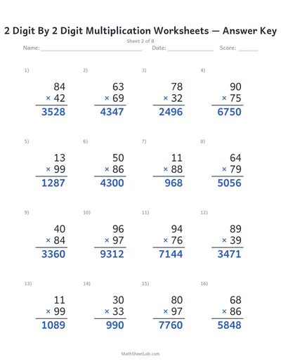 2 digit by 2 digit multiplication worksheets — Sheet 2 answers