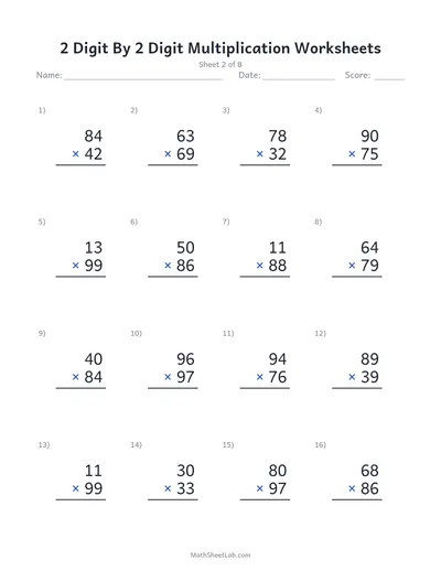 2 digit by 2 digit multiplication worksheets — Sheet 2