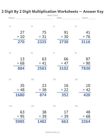 2 digit by 2 digit multiplication worksheets — Sheet 3 answers