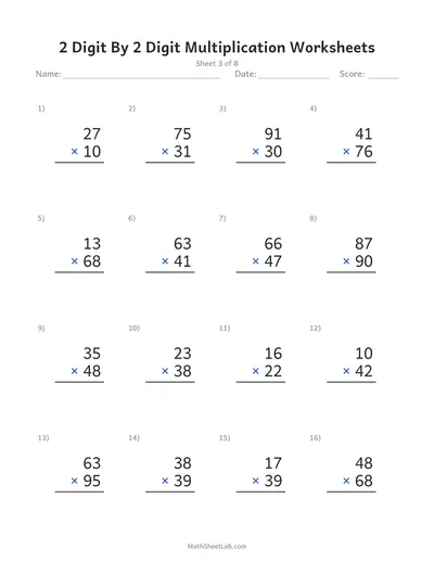 2 digit by 2 digit multiplication worksheets — Sheet 3