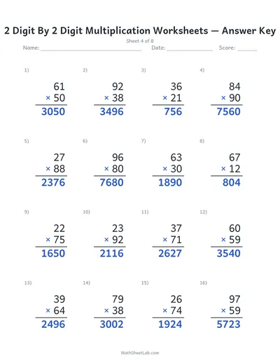2 digit by 2 digit multiplication worksheets — Sheet 4 answers