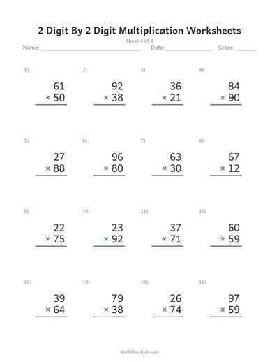 2 digit by 2 digit multiplication worksheets — Sheet 4