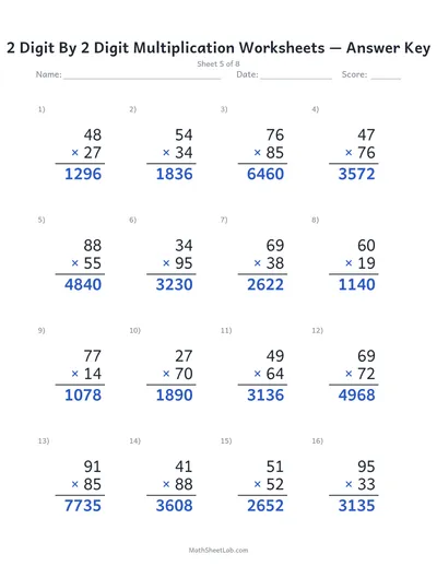 2 digit by 2 digit multiplication worksheets — Sheet 5 answers