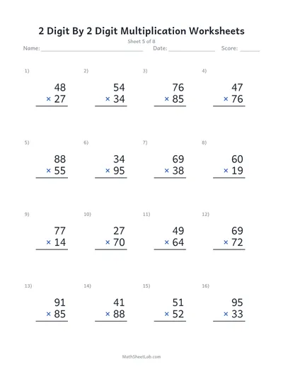 2 digit by 2 digit multiplication worksheets — Sheet 5